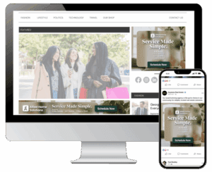 A computer monitor and smartphone displaying a website with marketing graphics titled 