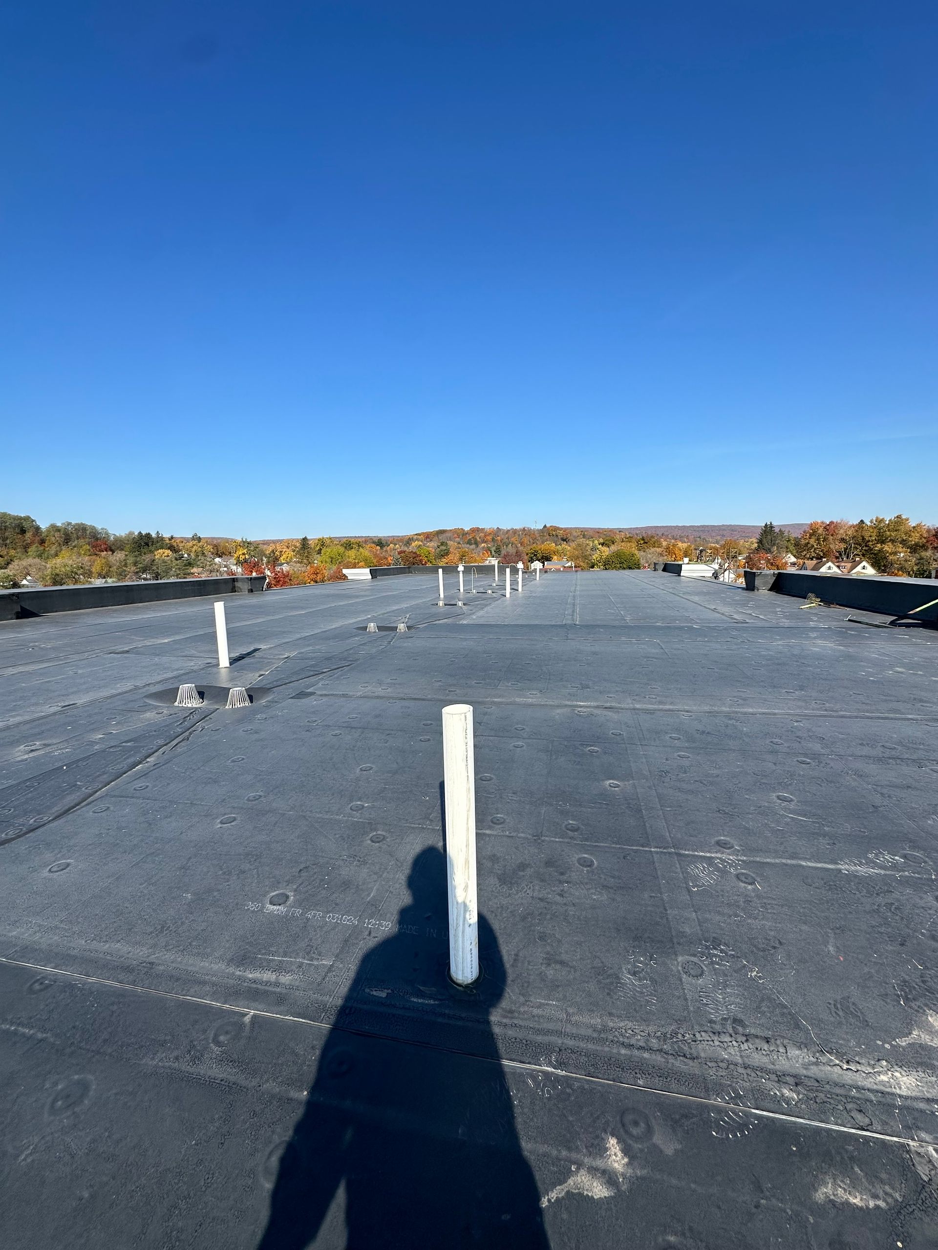 A shadow of a person is cast on the roof of a building.