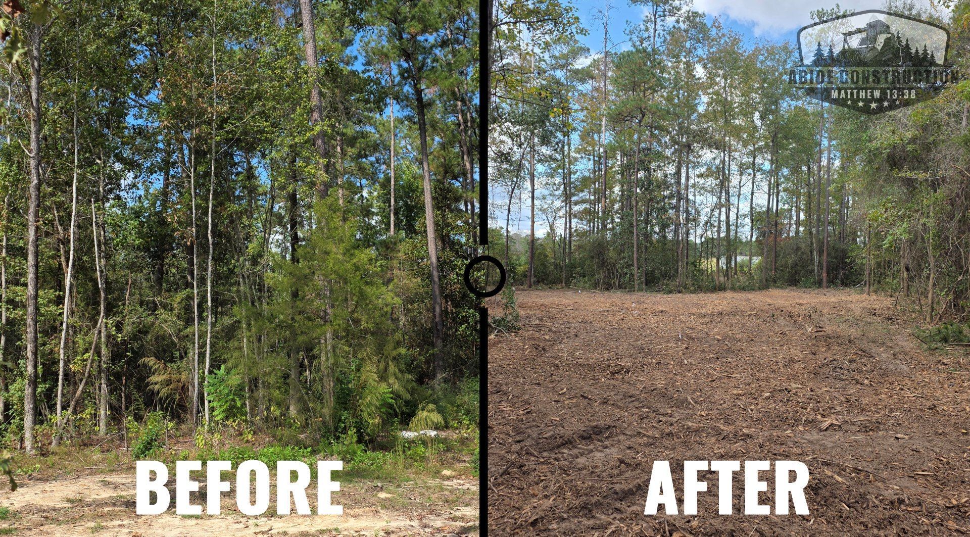 Before and after photo of a forested area cleared, showing trees before and a ground covered in debris after.