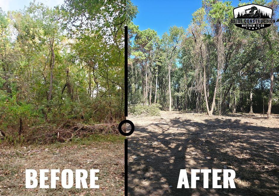 Side-by-side comparison of a wooded area before and after tree clearing. Trees are removed in the after image.