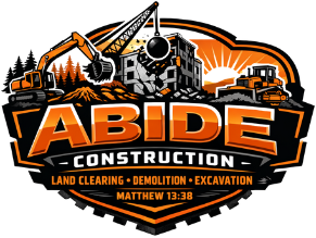 Logo for Abide Construction. Features construction vehicles demolishing a building with an orange and black color scheme.