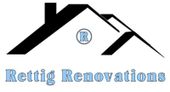 Logo: Black house silhouette with a chimney, a blue "R" in a circle, and "Rettig Renovations" in blue text.