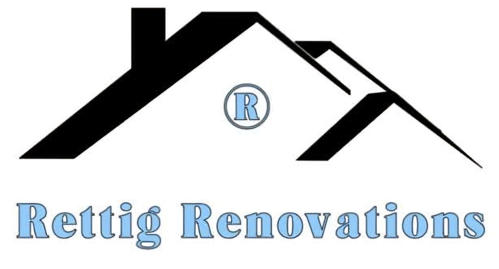 Logo: Black house silhouette with a chimney, a blue "R" in a circle, and "Rettig Renovations" in blue text.