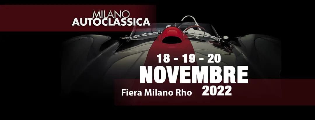 Logo dell'evento Milano Autoclassica: auto d'epoca, sfondo nero, accenti rossi, 18-20 novembre 2022, Fiera Milano Rho.