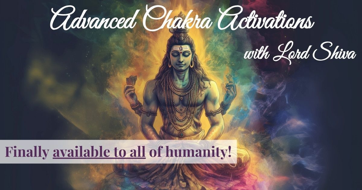 Banner for "Advanced Chakra Activations" with meditating figure, statue, mountains, and promotional text