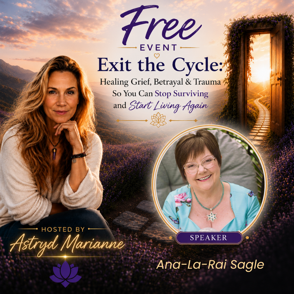 Event flyer for “Exit the Cycle” with two women’s portraits and sunset background, promoting healing from grief, betrayal and trauma