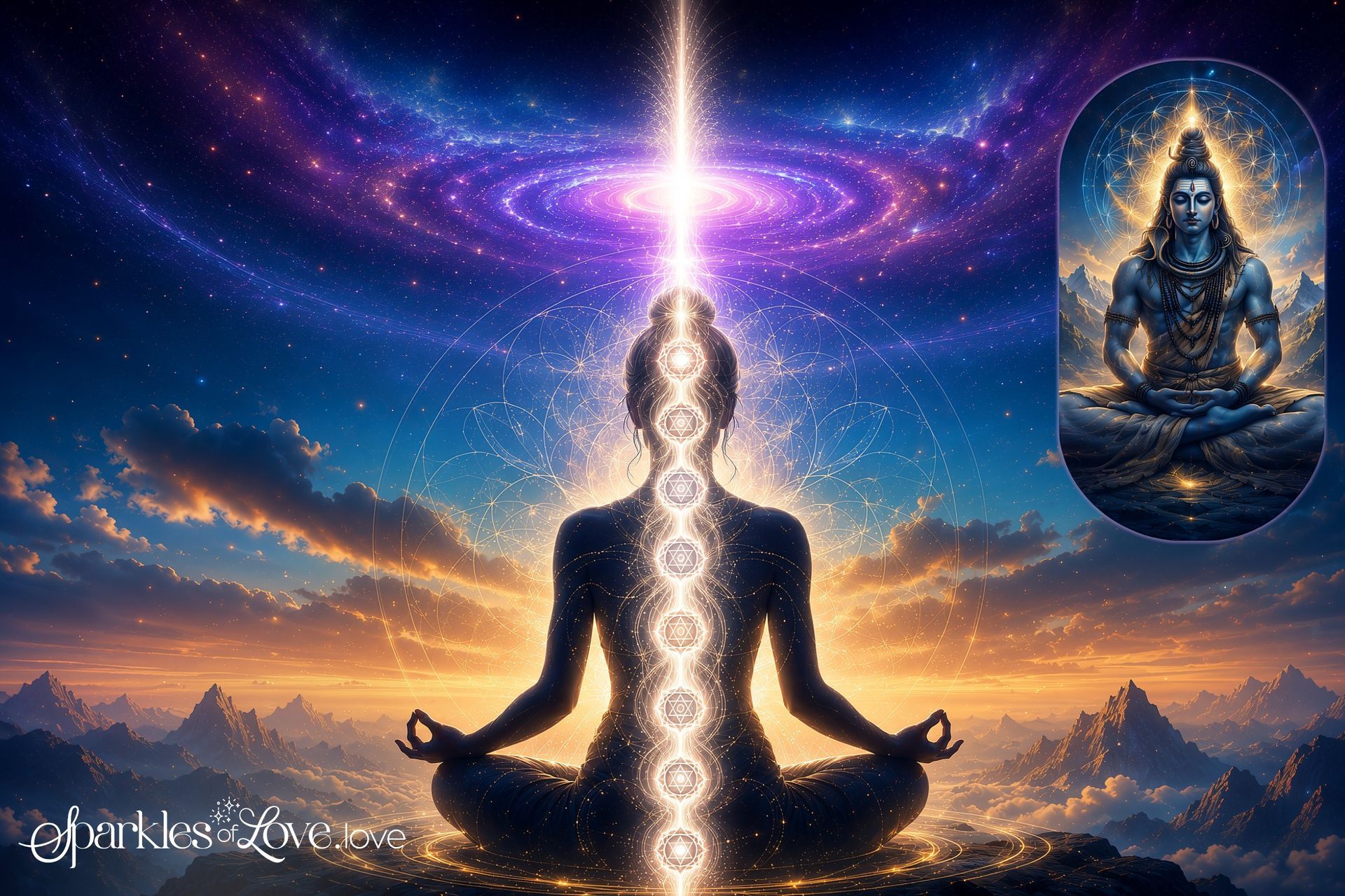 Silhouetted meditating figure with glowing chakra bridges under a starry cosmic sky at sunset with Shiva