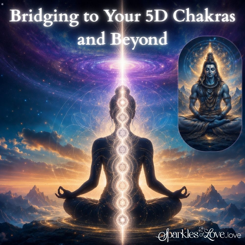 Meditating figure with glowing chakra bridges with Shiva, titled “Bridging to Your 5D Chakras and Beyond”