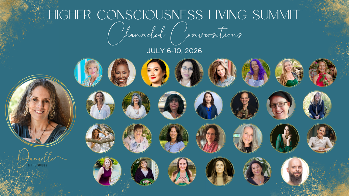 Higher Consciousness Living Summit banner with teal background, many speaker headshots, and a woman in a large portrait on the left
