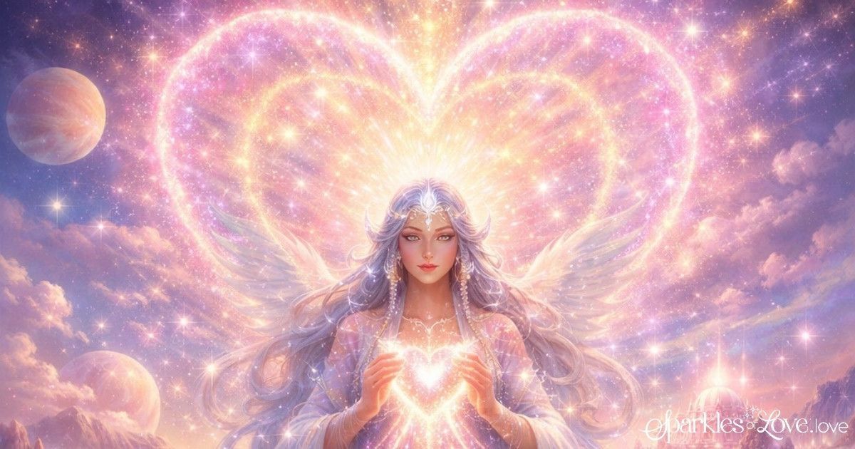 Lady Oceania, glowing ethereal figure with radiant heart light and pink-purple heart-shaped aura against a dreamy sky