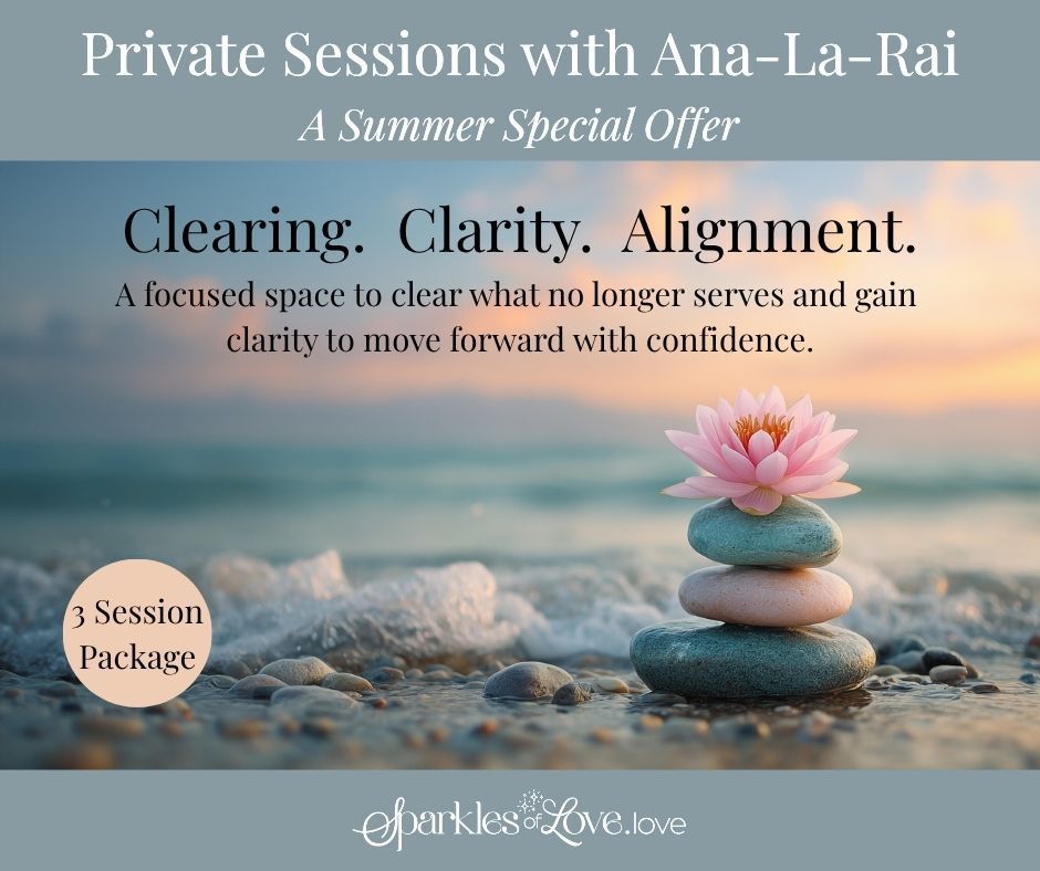 Promotional graphic for private sessions with Ana-La-Rai, featuring stacked stones and a lotus at the beach sunset.