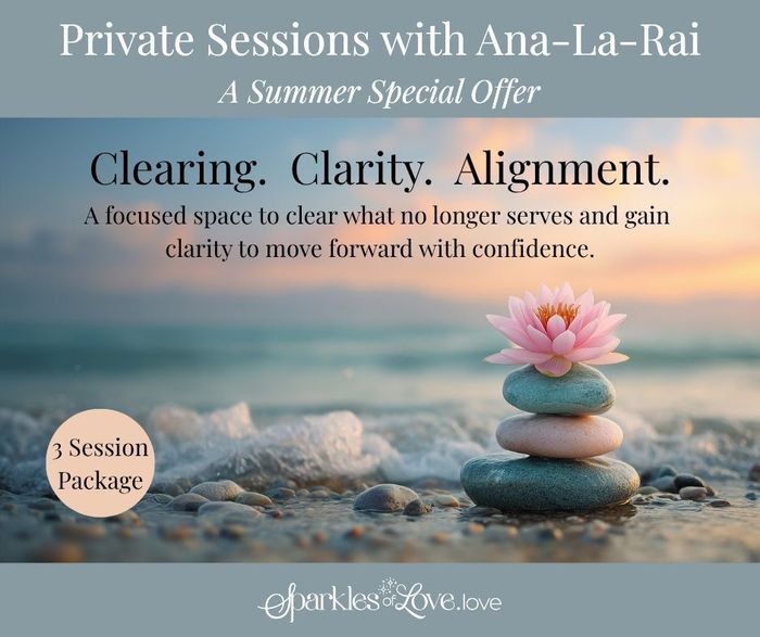 Promotional flyer for private sessions with Ana-La-Rai, featuring stacked stones on a beach at sunset.