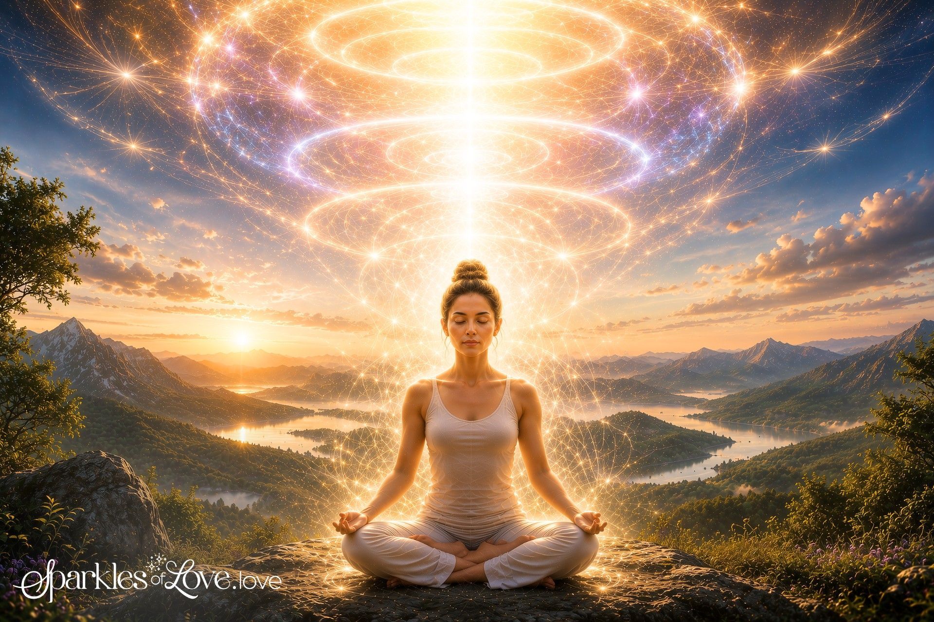 Woman meditating in lotus pose at sunrise above a misty valley, glowing energy spirals  emanating from her