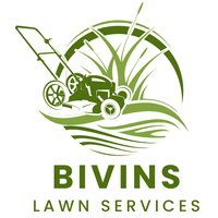 A logo for bivins lawn services with a lawn mower and grass.