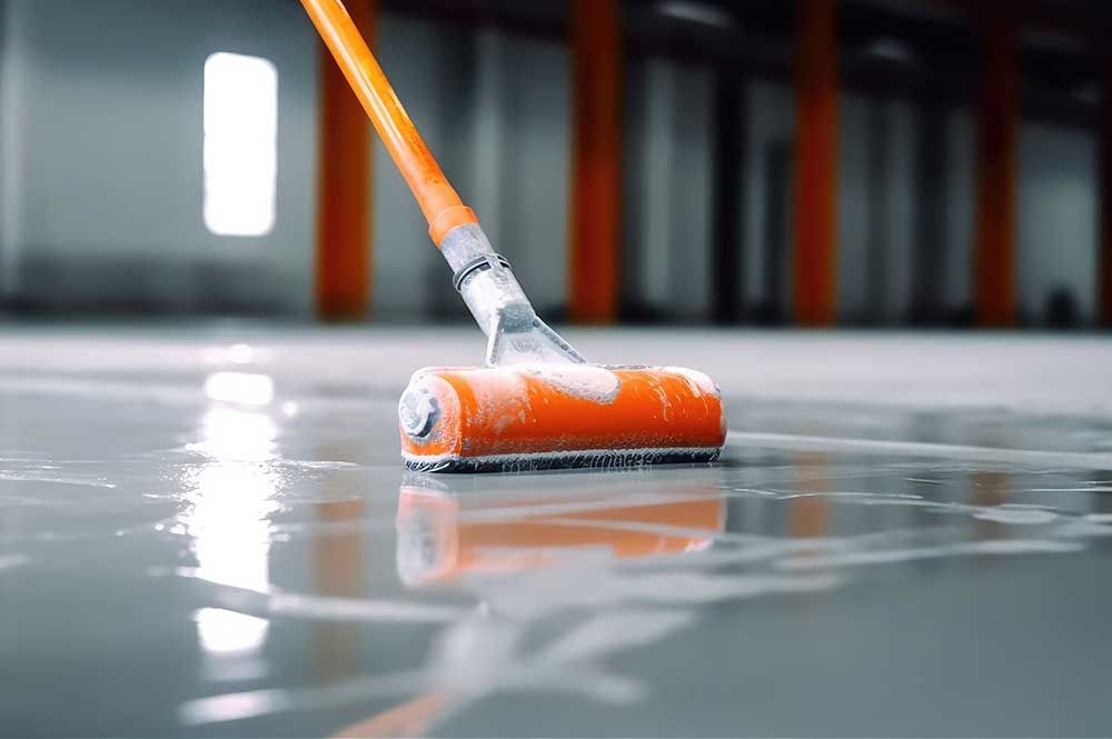 Genarative AL Worker, coating floor with self-leveling epoxy resin in industrial