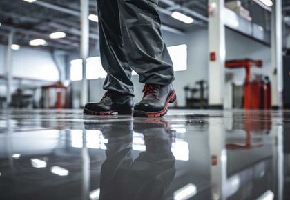 The worker applies gray epoxy resin to the new floor
