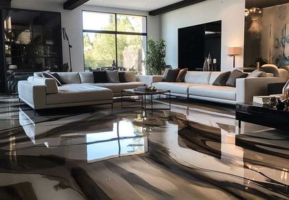 Panning shot of the interior of a hotel lobby with a seamless glossy epoxy floor.