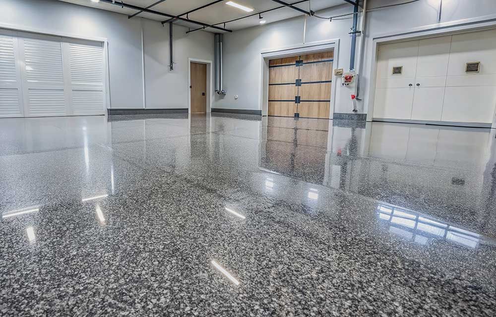 Epoxy garage floor with metallic flakes creating stunning and durable finish, metallic, garage, floor, immersive, epoxy