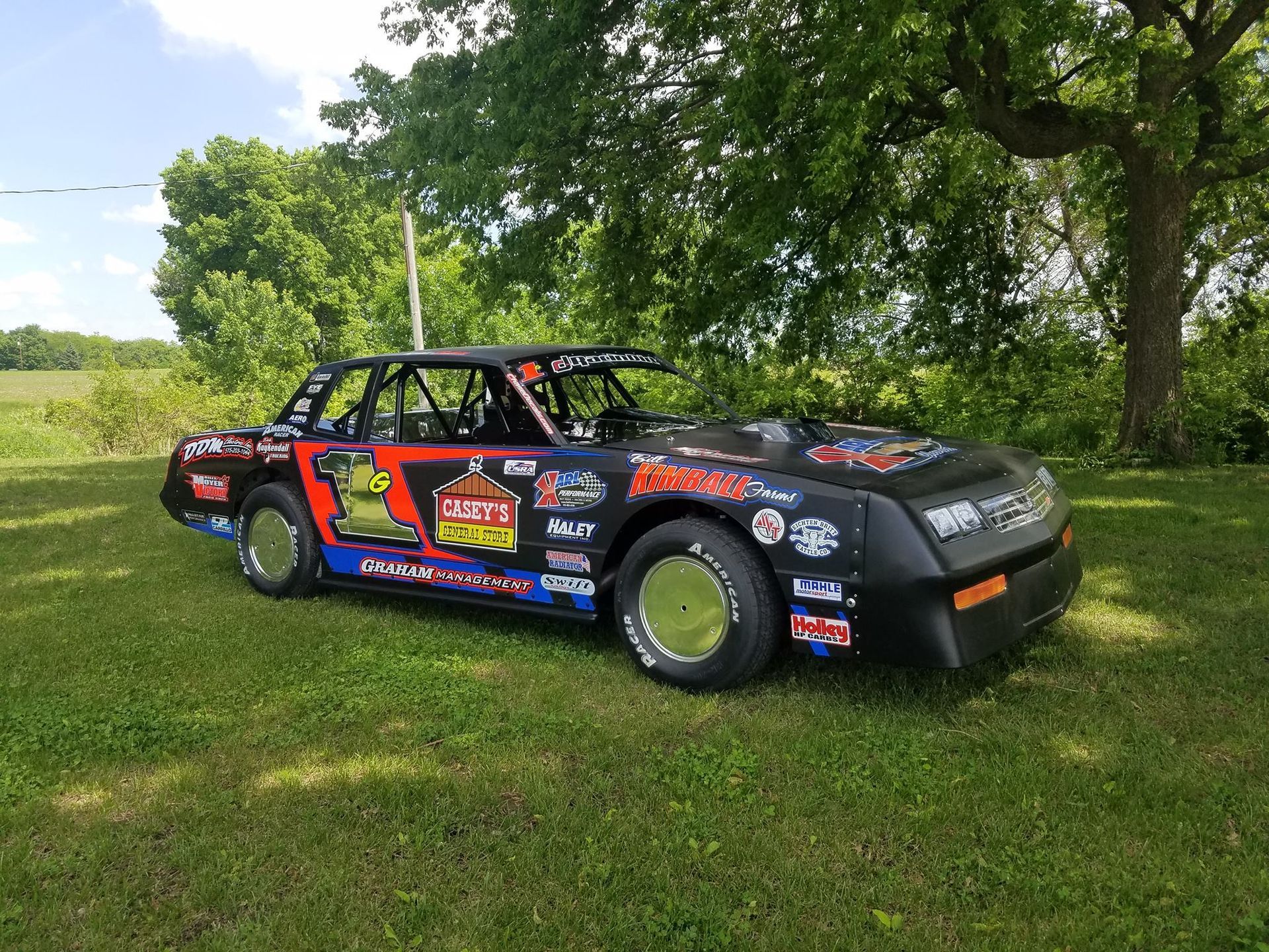 A race car is parked in a grassy field.