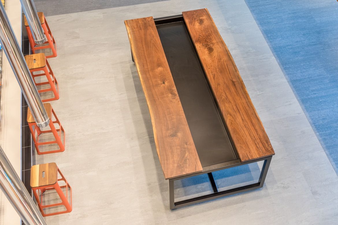 bird's eye view of custom live edge conference table