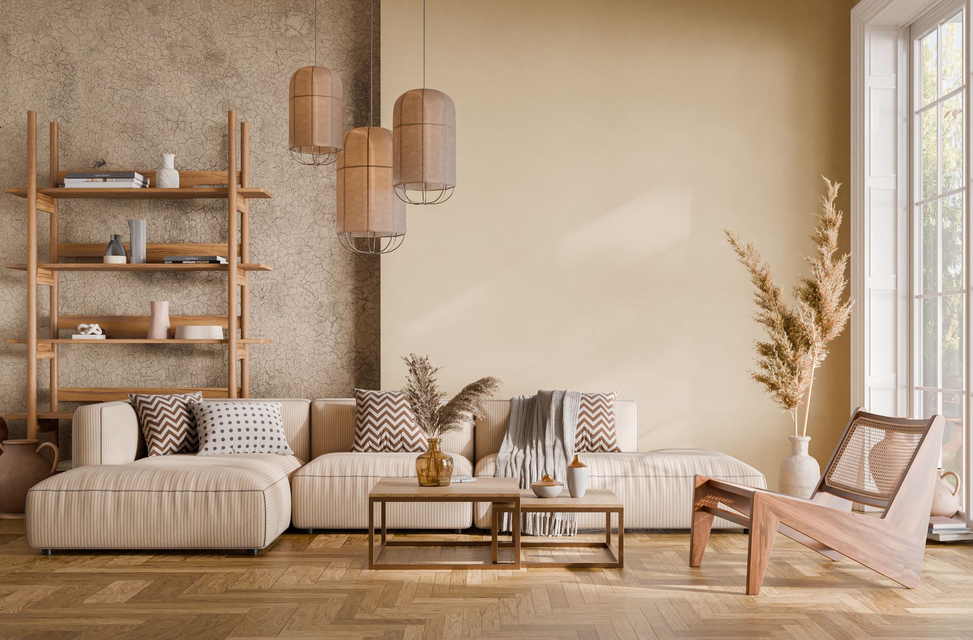 A living room with a white couch , brown chair , and grey coffee table and shelves. color psychology