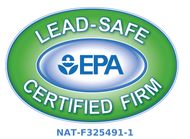 Lead-Safe Certified Firm logo. Green and blue oval with EPA symbol and text.