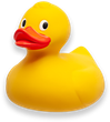 Yellow rubber duck with red beak and black eyes.