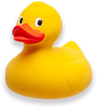 Yellow rubber duck with red beak and black eyes.