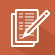 Pencil writing on a document with lines, other document in background, orange square background.