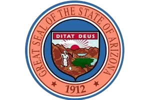 Arizona state seal with a landscape, motto 