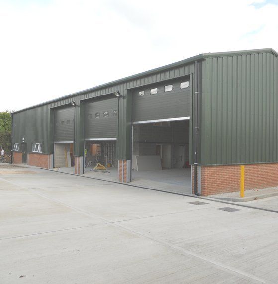 A machinery shed with roller shutters