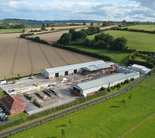An aerial shot of an industrial warehouse