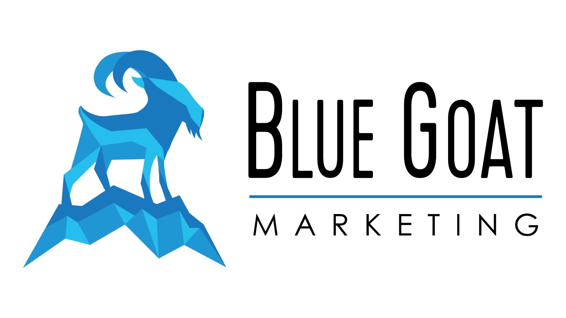 The logo for blue goat marketing shows a blue goat standing on top of a mountain.