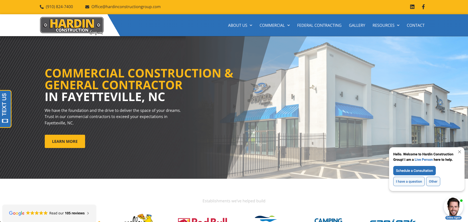 A screenshot of the website for commercial construction and general contractor in fayetteville , nc.