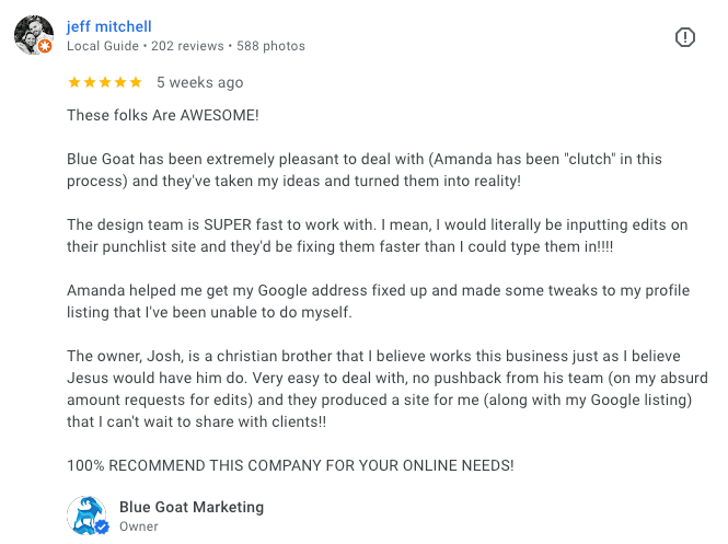 A screenshot of a review on a google review page.