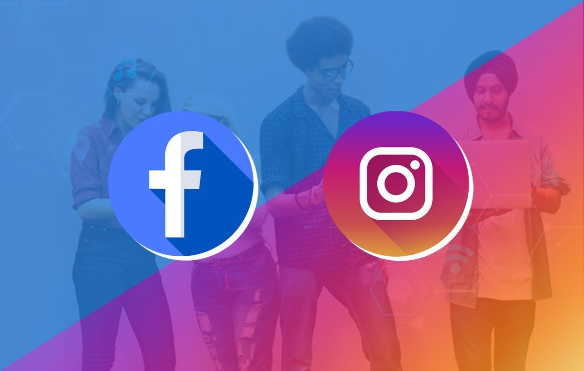 A group of people standing next to each other with logos for facebook and instagram