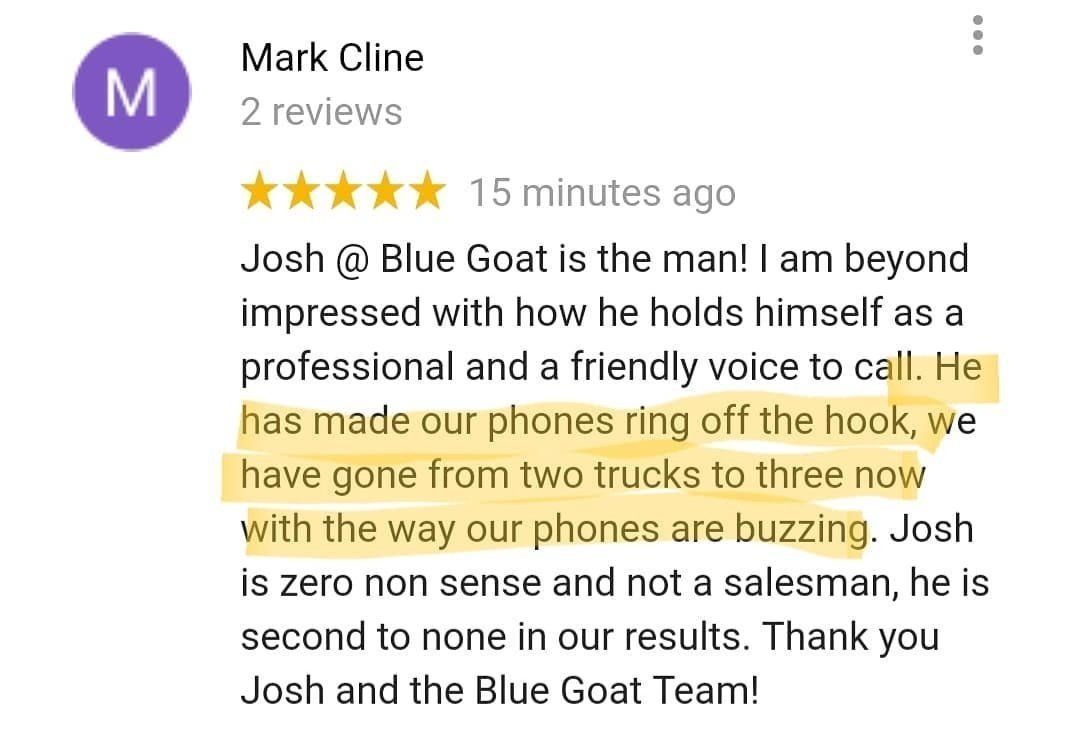 A google review for blue goat is written by mark cline