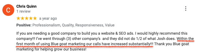 A screenshot of a google review from a land clearing company owner.