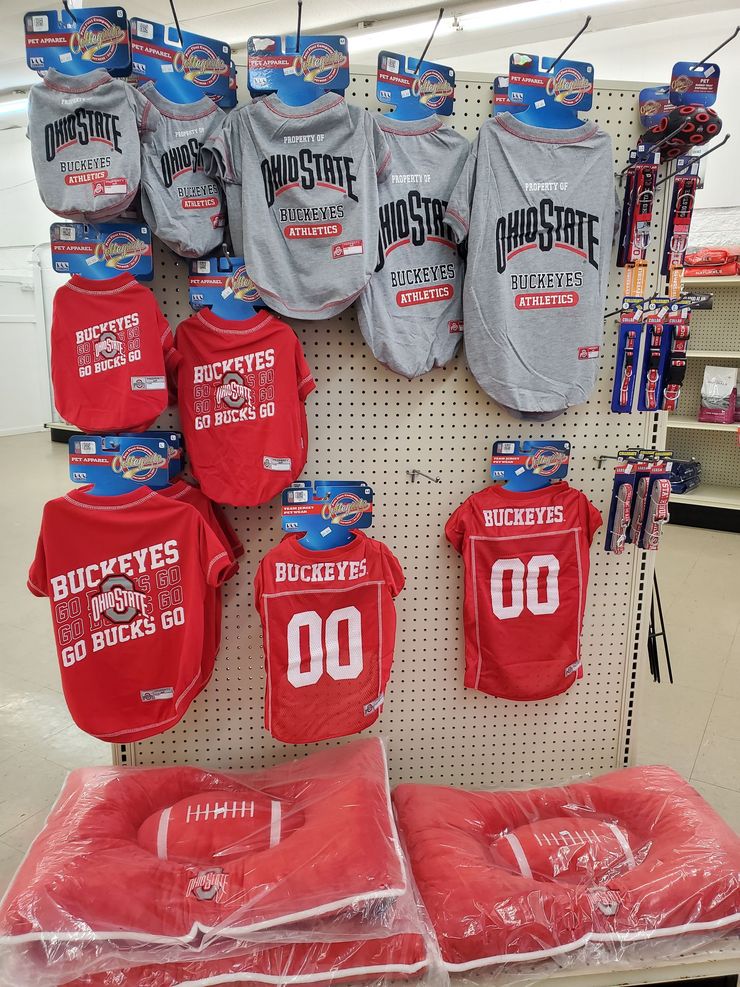 a display of ohio state athletics apparel for dogs
