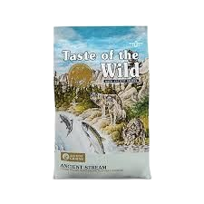 Bag of Taste of the Wild Ancient Stream dog food with wolves, fish, and a mountain landscape illustration.
