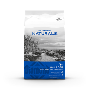 A bag of Diamond Naturals Beef Meal & Rice Formula adult dog food against a white background.