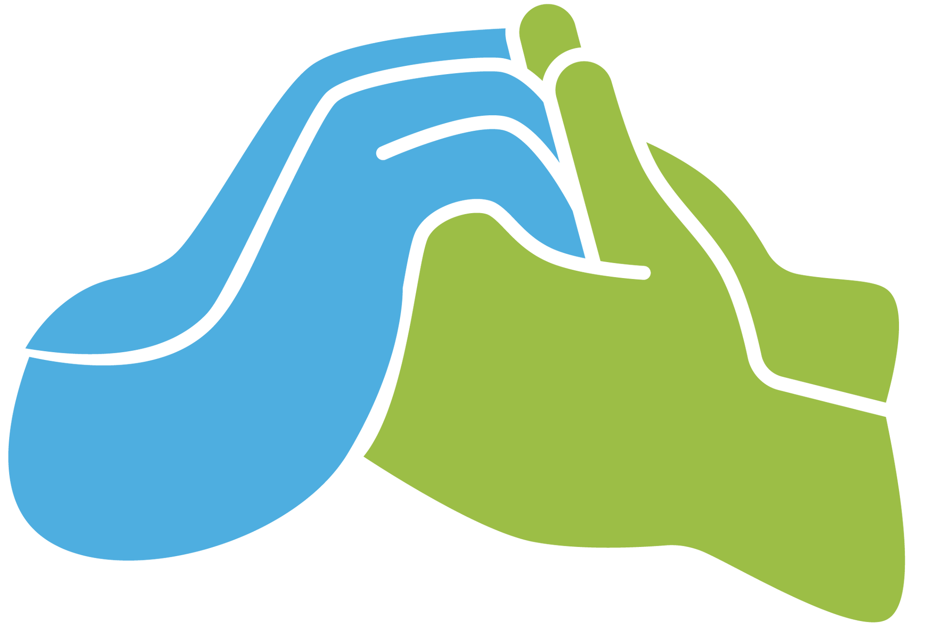 Blue and green hands clasped together, symbolizing connection and support.