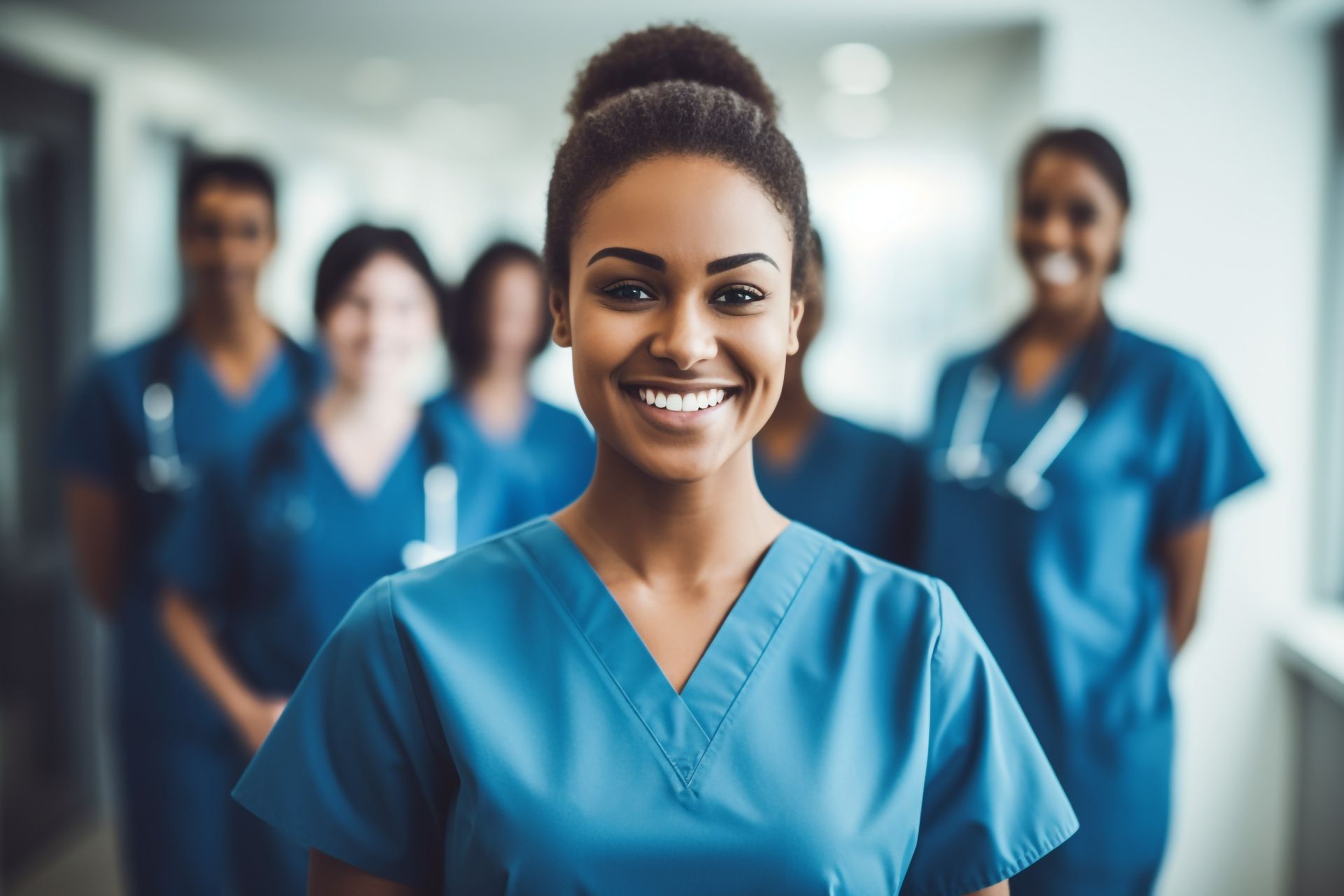 Group of medical professionals in blue scrubs smiling in a hospital hallway.