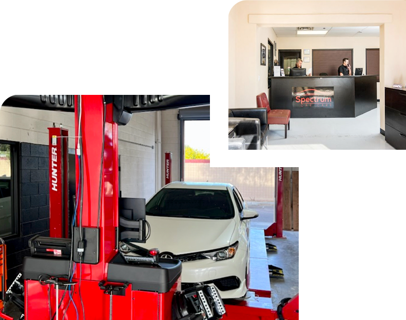 A picture of a garage and a picture of a reception area.