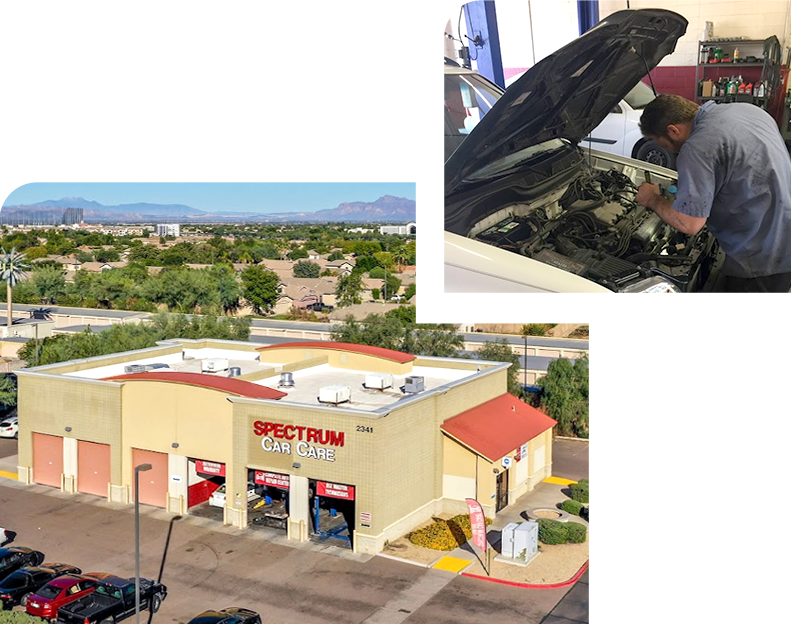 A man is working on a car in front of a spectrum car wash