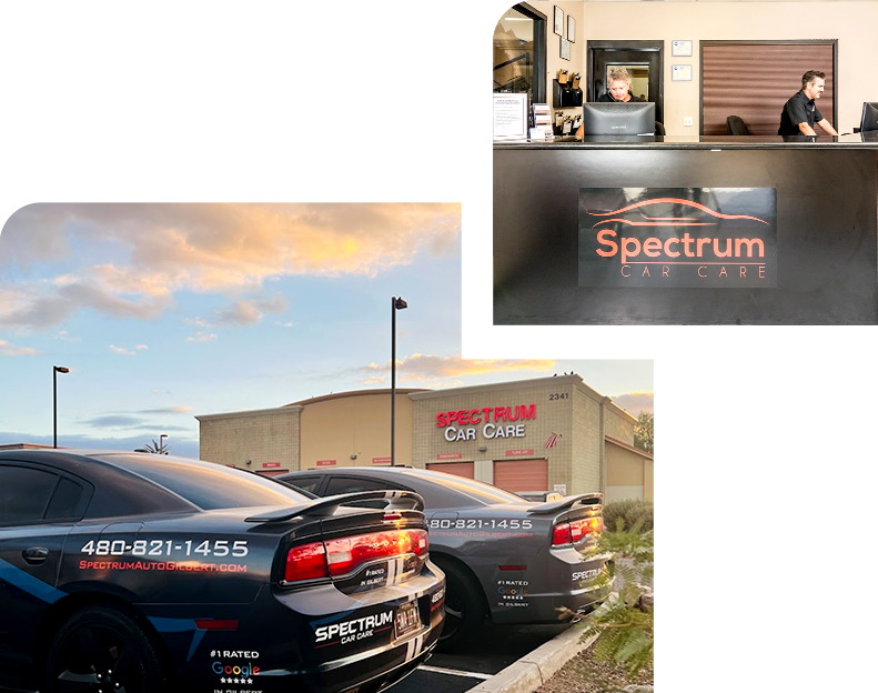 A group of cars are parked in front of a spectrum car care building.