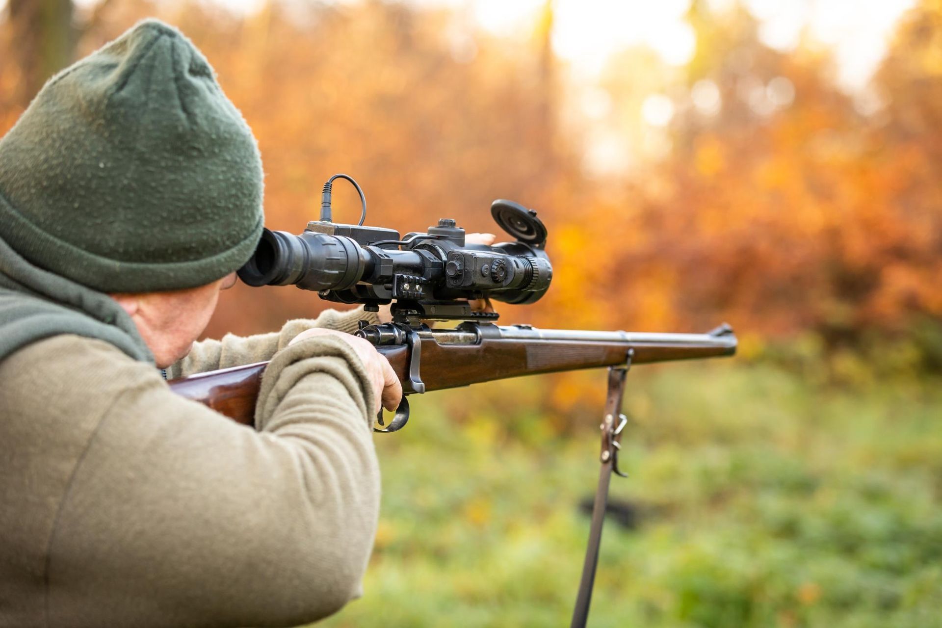 A Man Aims a Rifle While Standing in a Wooded Area — Coffs Coast Firearms In Kempsey, NSW