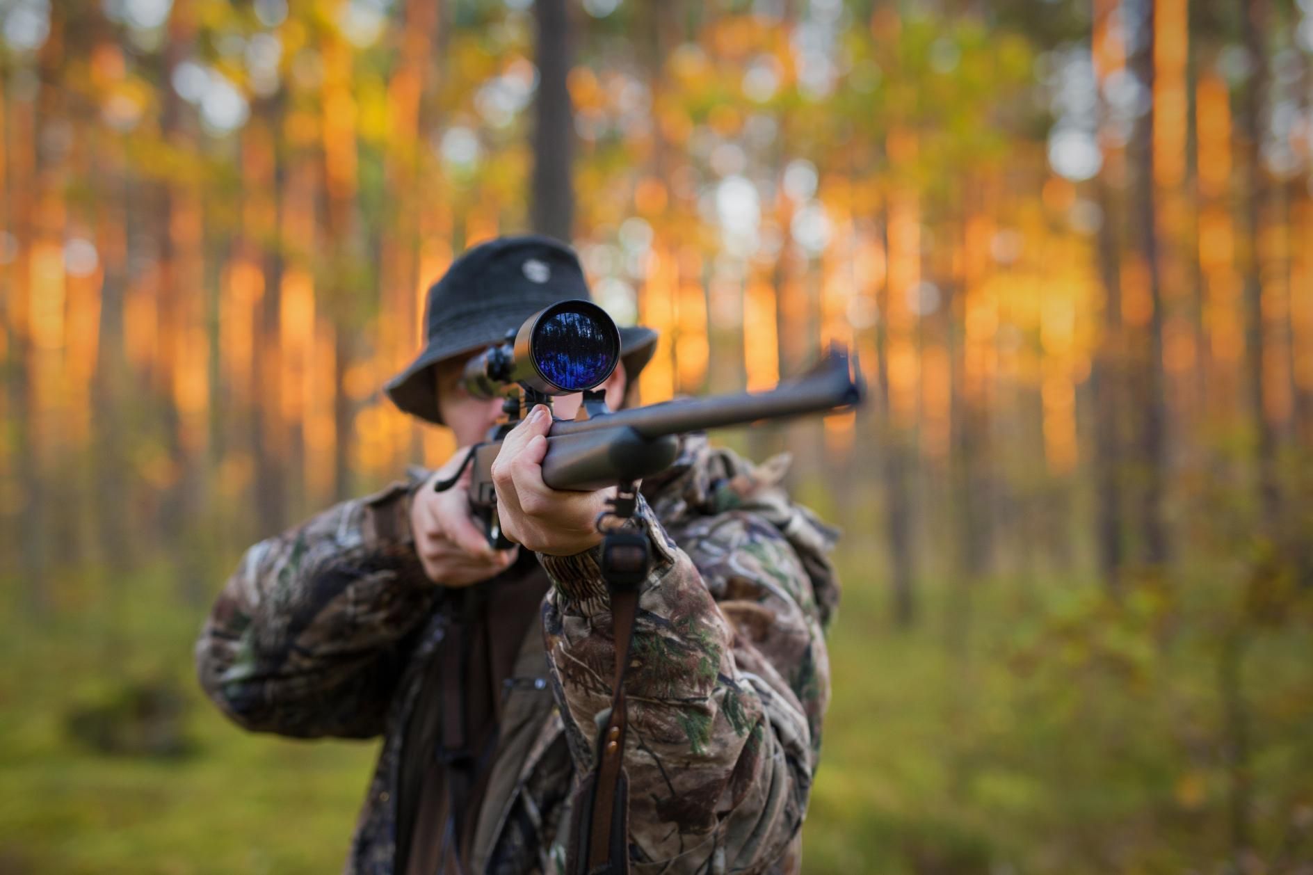 A Man Wearing a Hat and Camouflage Gear Aims a Rifle — Coffs Coast Firearms In Casino, NSW