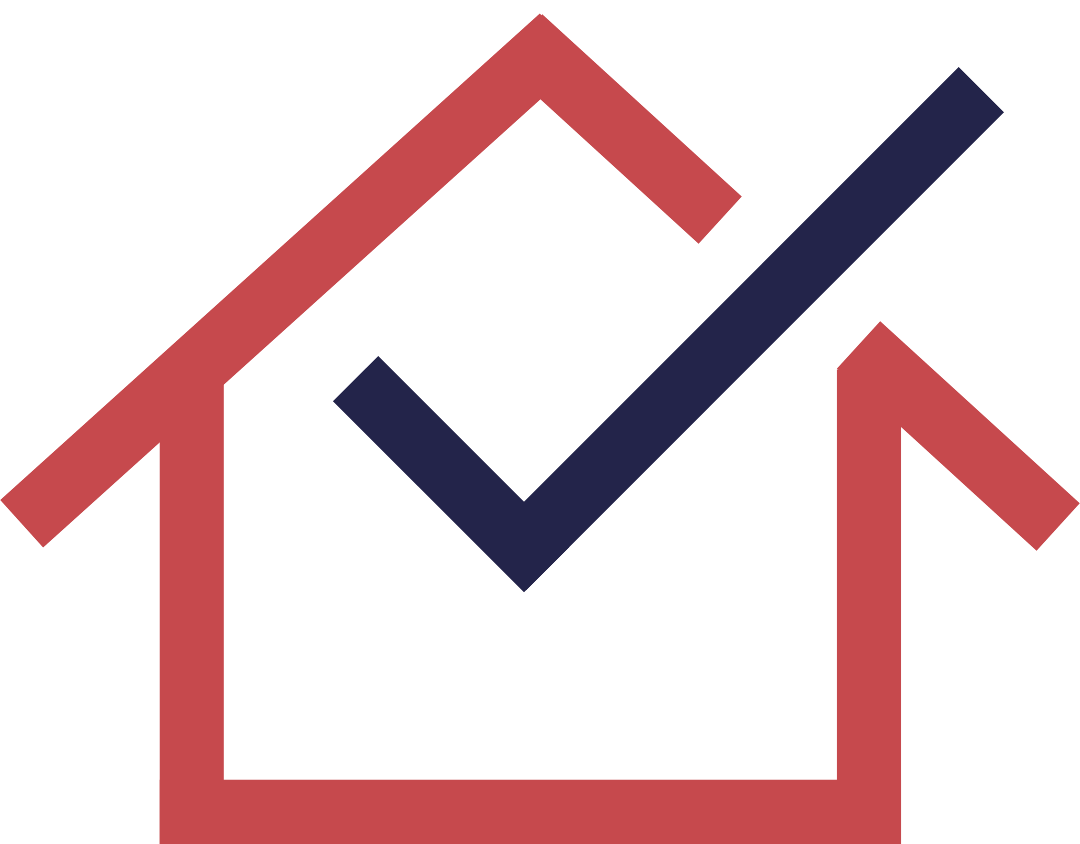 A red and blue house with two check marks on the roof.