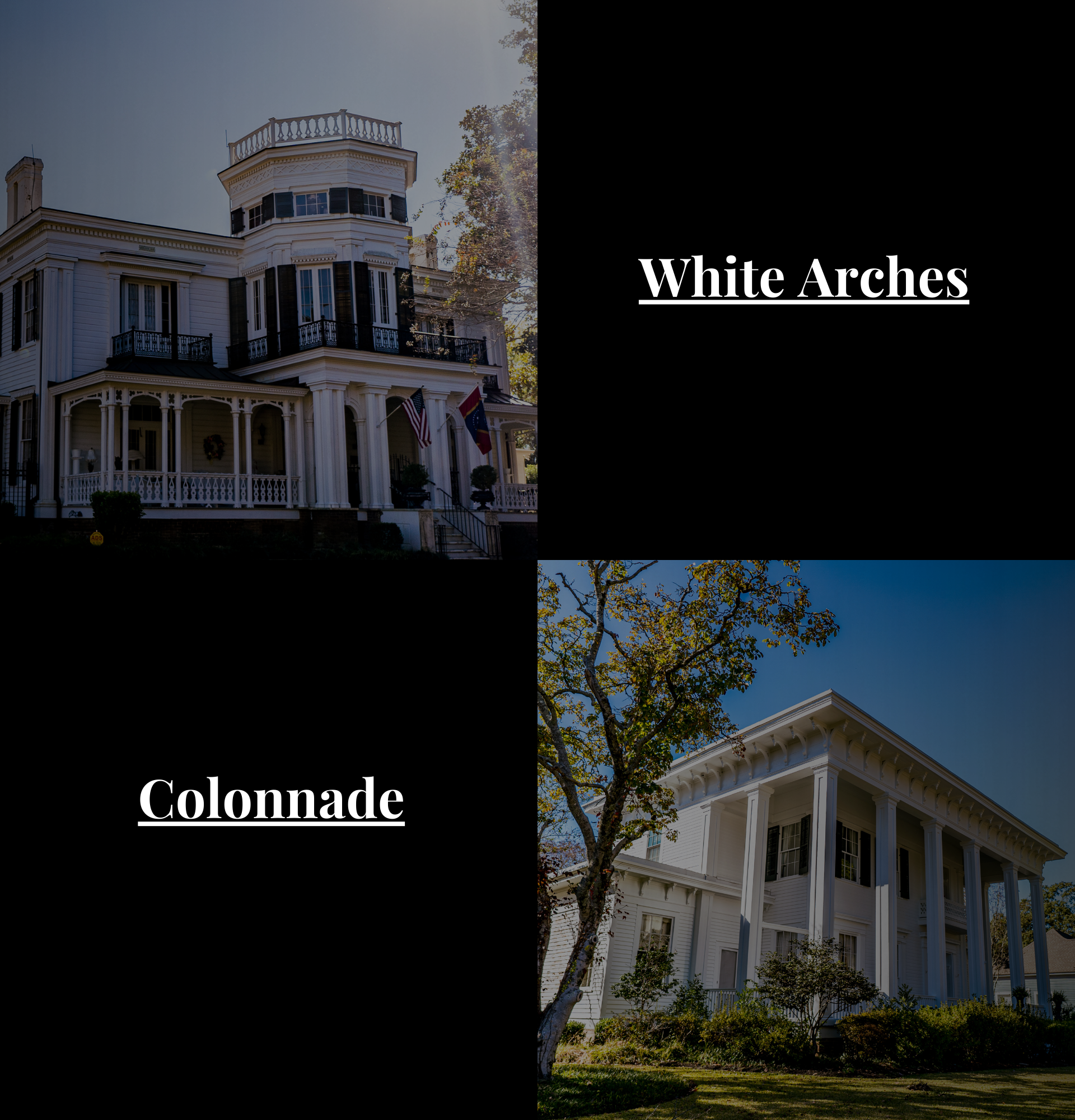 A collage of four pictures of houses with the words white arches colonnade and white arches